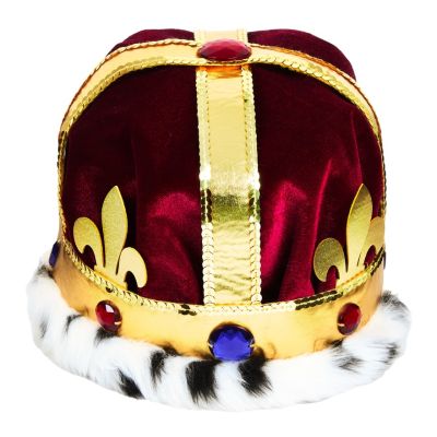 A children's dress up crown in soft materials with a red velvet inner, soft gold head band and faux white fur. 