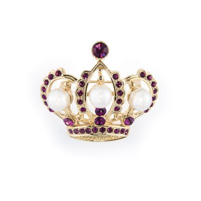 Pearl and amethyst silver crown brooch