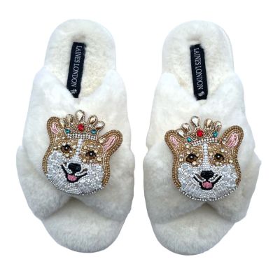 Fluffy white slippers with jewelled corgi brooch