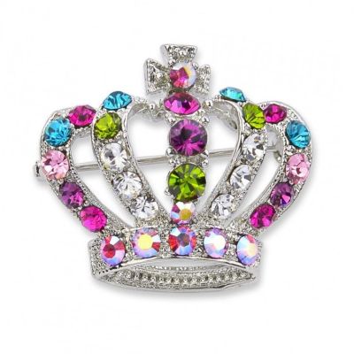 Crown brooch in silver with multicoloured crystals