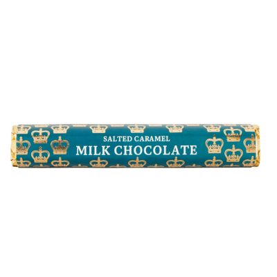 Crown Salted Caramel Chocolate Bar 85g - A salted caramel milk chocolate bar in an emerald green sleeve and gold foil, illustrated with gold crowns. 
