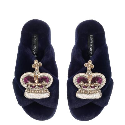 Crown Slippers - Navy blue faux fur slippers with sequin purple & gold crowns made up of faux gems.