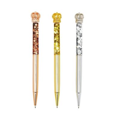 Three glitter pens with crown top in gold, rose gold and silver