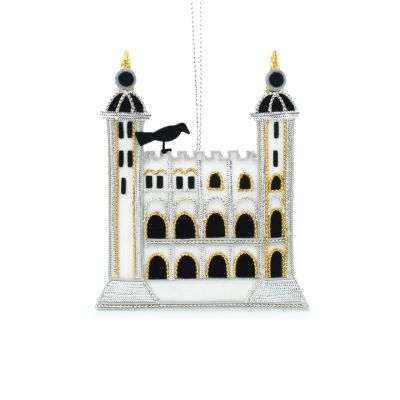 White Tower embroidered hanging decoration stitched with gold and silver cord and a raven sitting on top 