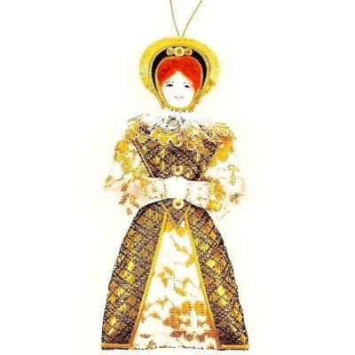 A fabric hanging decoration of Elizabeth I embroidered with gold thread, lace and gold sequins.