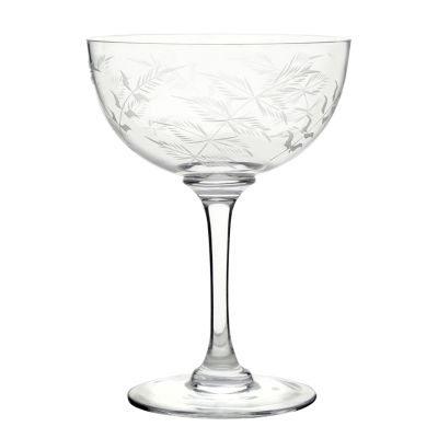 Vintage style fern engraved glass champagne saucers, set of 2