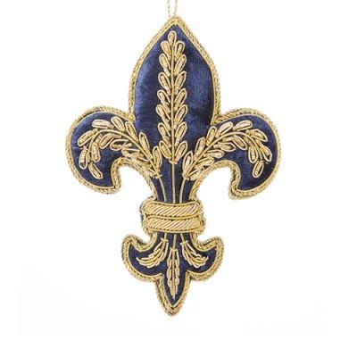 A Fleur-de-lis shaped hanging decoration made with blue velvet and gold cord