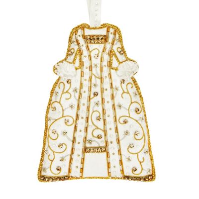 A white fabric mantua dress shaped hanging decoration featuring beads, diamante's, lace and gold cord