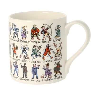 White mug with illustrations of England's kings and queens