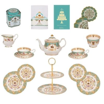 A turquoise and white tea-set with a gold pattern, crowns, and roses design. Set includes teapot, milk jug, napkins, large and small plates, sugar bowl, tea tin, tea towel, cake stand, teacups and saucers and recipe book
