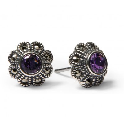 Amethyst and marcasite flower stud earrings