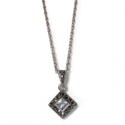 Cubic zirconia and marcasite square silver pendant