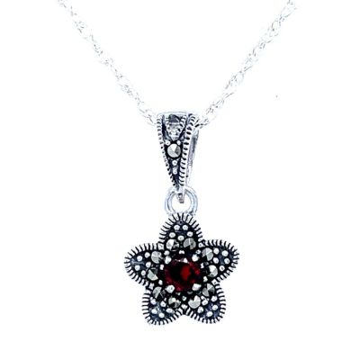 Marcasite Sterling Silver and Garnet Flower Pendant