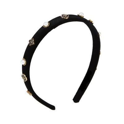 Narrow velvet pearl and jewelled headband