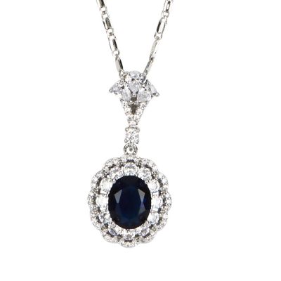 Oval Sapphire and Crystal Drop Pendant Necklace