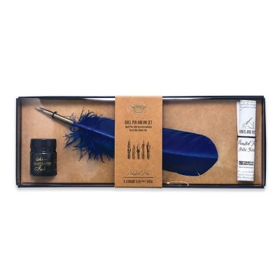 Blue feather quill set with black ink
