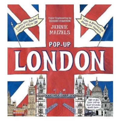 Book cover with blue, white and red Union Jack and iconic London landmarks