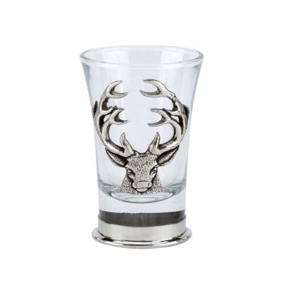 Pewter and glass shot glass with silver stag bust