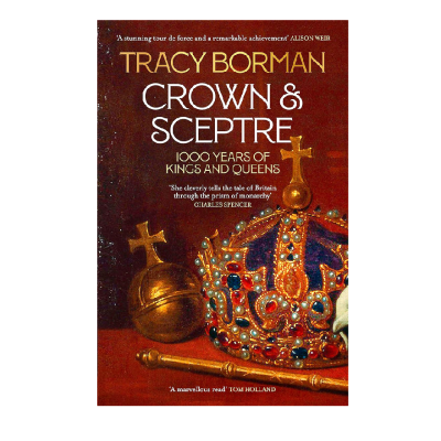 Burgundy book cover with golden crown jewels including crown, orb and sceptre. The title in white reads, "Crown and Sceptre. 1000 years of Kings and Queens."