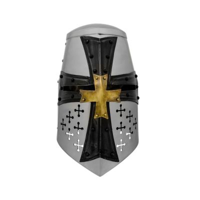 A knight's helmet with a black cross design and a gold cross in the centre