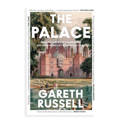 A  book cover with an illustration of Hampton Court Palace with the title, "The Palace" in bold white letters. 