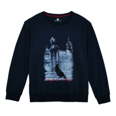 A dark navy sweatshirt with long sleeves and a round neck. With a chest print of a raven and the White Tower. It features graffiti from inside the Tower of London laid over the graphic. 
At the bottom, there is red text that reads Tower of London. 