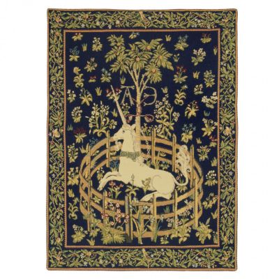Captive unicorn tapestry on a navy background with a green floral pattern