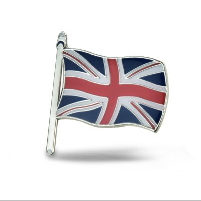 An enamelled metal Union Jack flag pin badge in red, white and blue. 