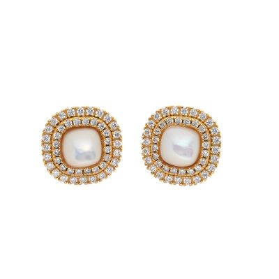 A pair of circular stud earrings with Pearls in the centre and surrounded by Cubic Zirconia with gold-plated mounts. 