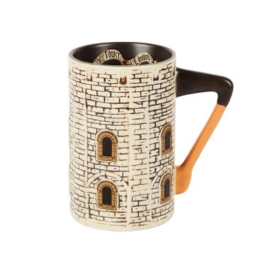 Cream and black mug in style of old brick building with axe handle