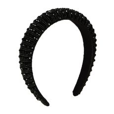 A black velvet headband embellished with black beads in two different shapes, tiny round beads and angular, diamond-cut beads. 