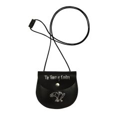 Black leather pouch bag with silver 'Tower of London' text and raven illustration 