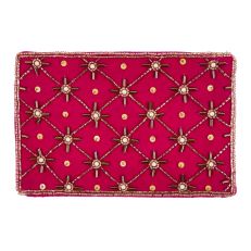 A pink zipped purse with a gold beaded pattern on one side.