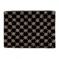A large velvet pouch with a beaded criss-cross pattern inspired by Tudor decoration. 