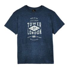 A blue marl short-sleeved t-shirt with a typographic chest print in white that reads, Made in the United Kingdom, Tower of London. 