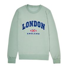A light-green sweatshirt with long sleeves and a round neck. The chest has a print that reads, London, England, and features the Union Jack in the middle. 