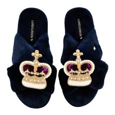 Crown Slippers - Navy blue faux fur slippers with sequin purple & gold crowns made up of faux gems. 
