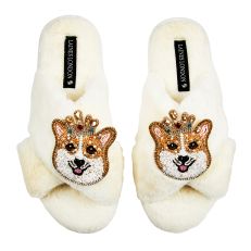 Fluffy white slippers with jewelled corgi brooch