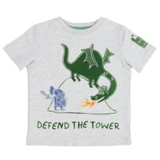 A grey children's short sleeved t-shirt with a chest print of a cartoon green dragon breathing fire and a blue knight raising his sword to attack it. Underneath it reads, Defend The Tower. 