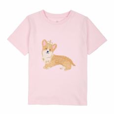 A short-sleeved, pink children's T-shirt with an embroidered corgi dog on the chest wearing a gold crown. 