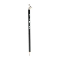 A black pencil with a silver-coloured metal raven topper. The barrel of the pencil says, Tower of London in white letters. 