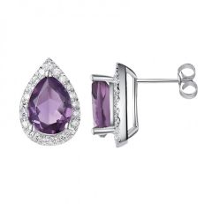 Pear drop shaped silver stud earrings with a central pear drop purple amethyst in each stud. 