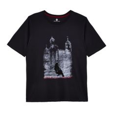 A dark grey short sleeved t-shirt with a raven set against the White Tower printed on the chest. The print features graffiti found at the Tower of London. And red text at the bottom reads, Tower of London. 
