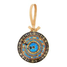 A blue, black and gold astronomical clock hanging decoration with the signs of the Zodiac and a gold ribbon. 