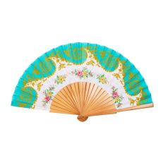 An Aqua-coloured folding hand fan with an ornate design featuring gold and floral details. 