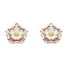A pair of sterling silver stud earrings in the shape of a Tudor rose with a mix of silver, rose gold and yellow fold in each stud. 