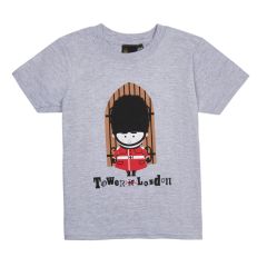 A grey children's short-sleeved t-shirt with a chest print of a Tower of London guard character in red and black. The text underneath reads, Tower of London.