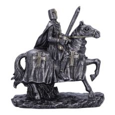 A metallic-silver coloured figurine of a knight in armour holding a sword and riding a horse.