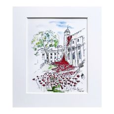 A sketch in ink of the Tower of London showing the ceramic poppies installation for The Tower Remembers. 