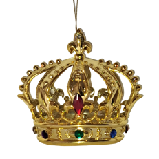 A gold, plastic hanging crown with coloured jewels